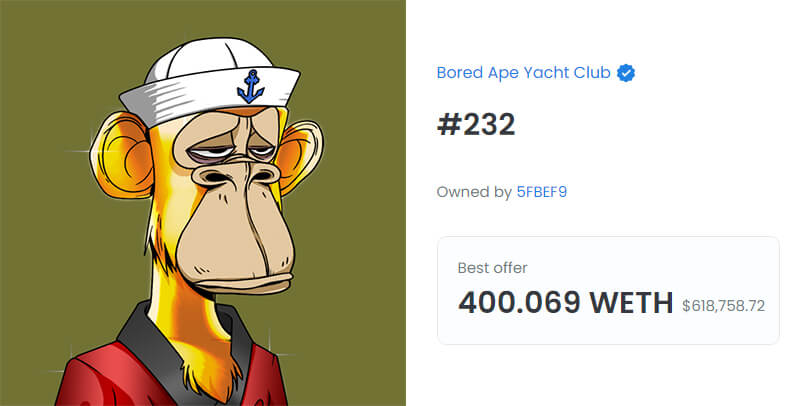 Bored Ape Yacht Club #232: $2,811,791